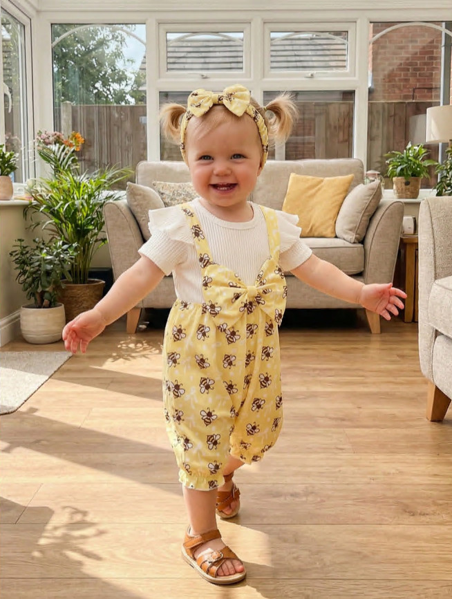 Newborn Baby Girl Outfit Long Sleeve Bee Print Jumpsuit+Bow knot Headband