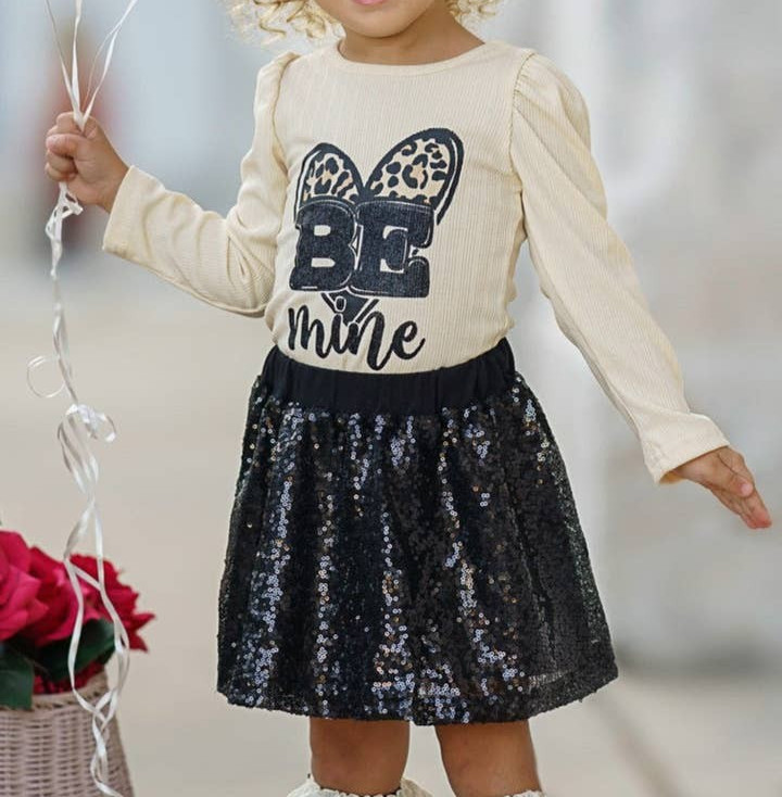 NWT Toddler Girls’ Marie Nicole BE MINE Black Sequin Skirt Valentine Set XXS 2T