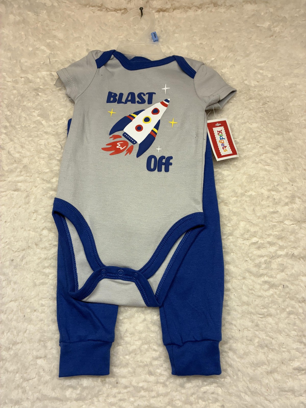 Kidgets Bodysuit Pants Set Baby Boys 3-6 Months Gray Blue Rocket Blast Off 2pc