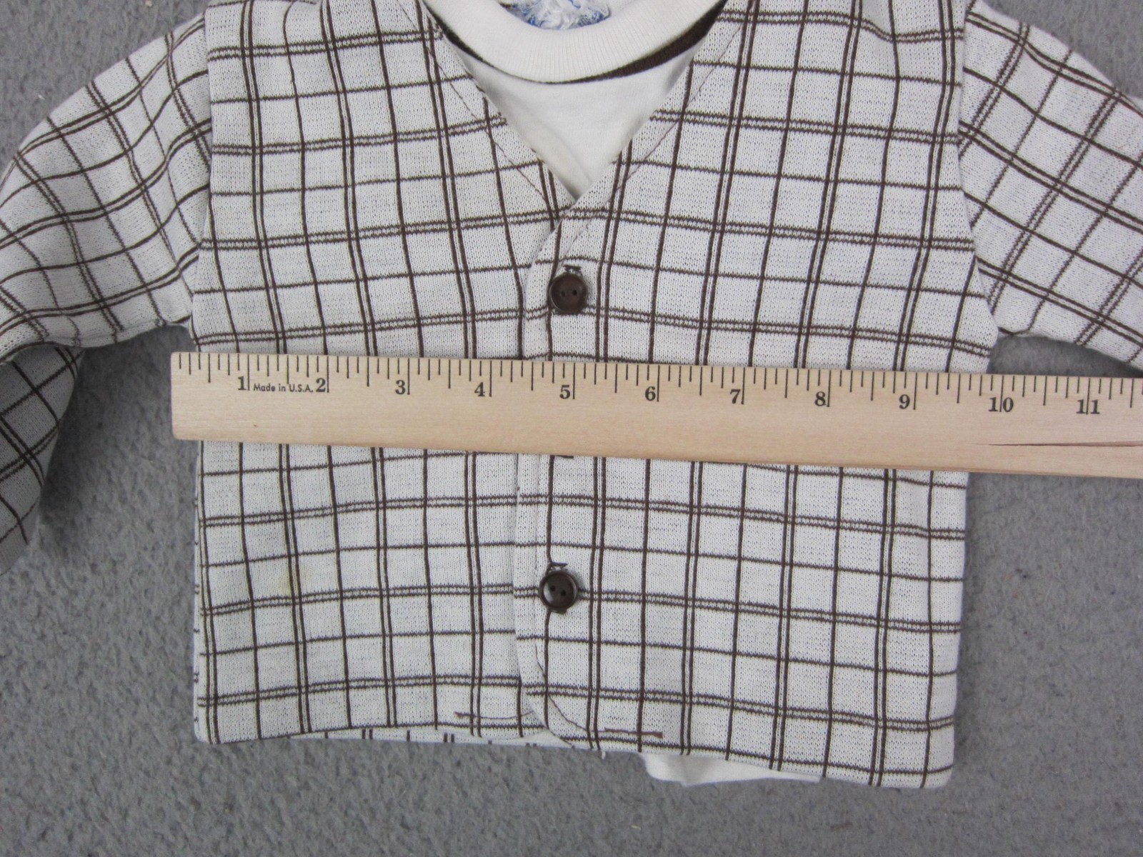Vintage Jacket Shirt Outfit Set 12 Months Girls White Brown Plaid Cotton 70s 60s