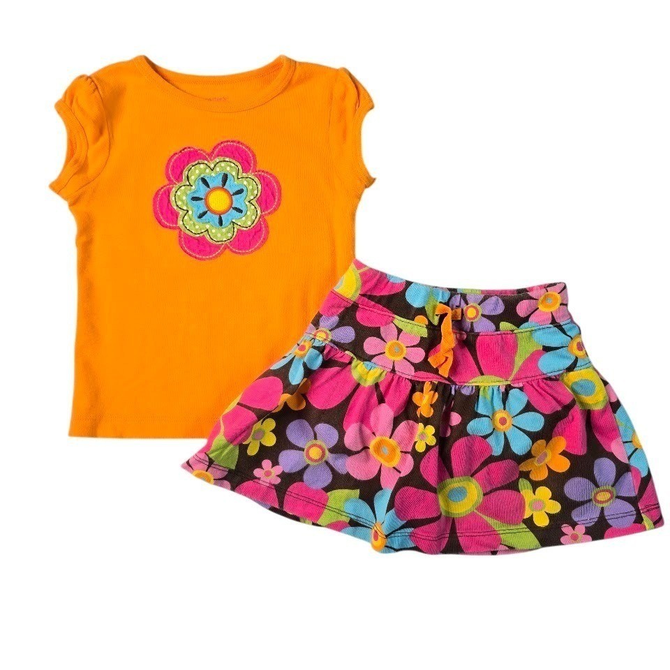 Carter’s Orange Flower Shirt & Floral Skort Set Toddler Girl 24M Summer Casual