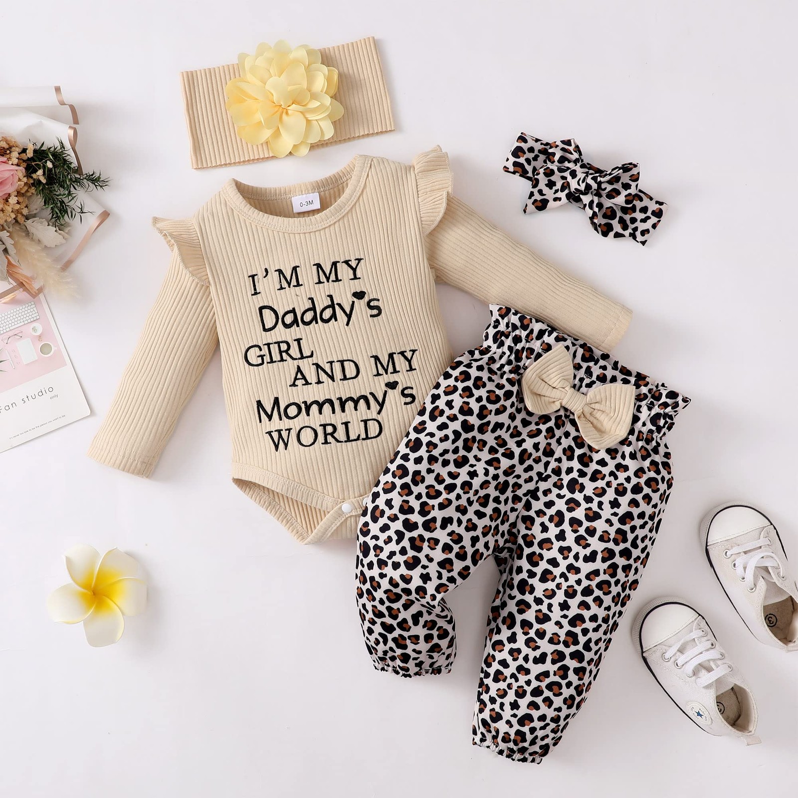 Khaki Baby Girl Romper & Pant Set 3-6 Months – Long Sleeve Letter & Flower