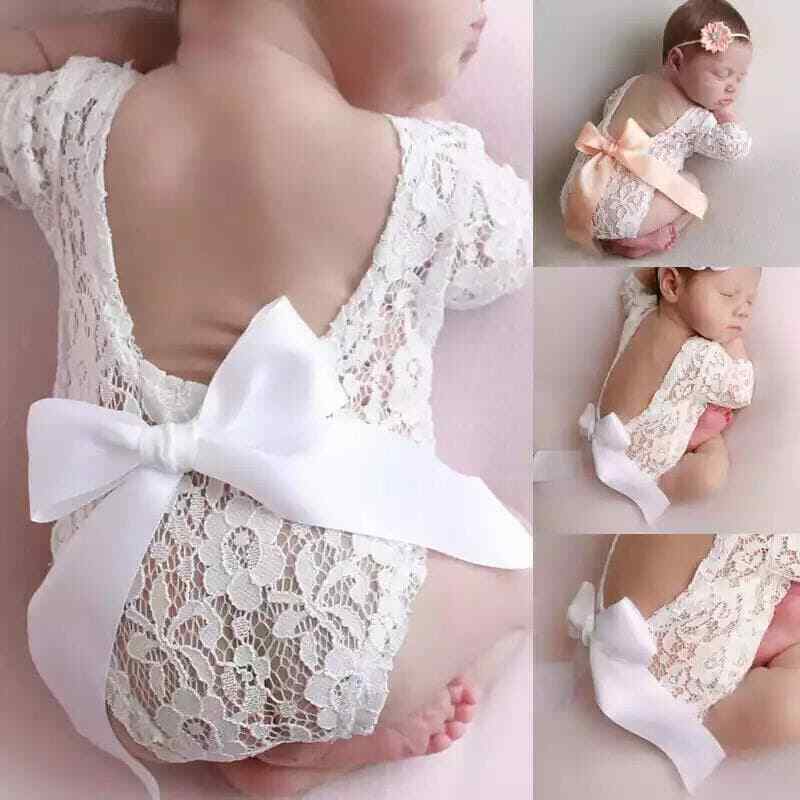 Newborn Girl Outfit Photo Prop Baby Infant 2 Pcs Set Bodysuit + Flower Headband