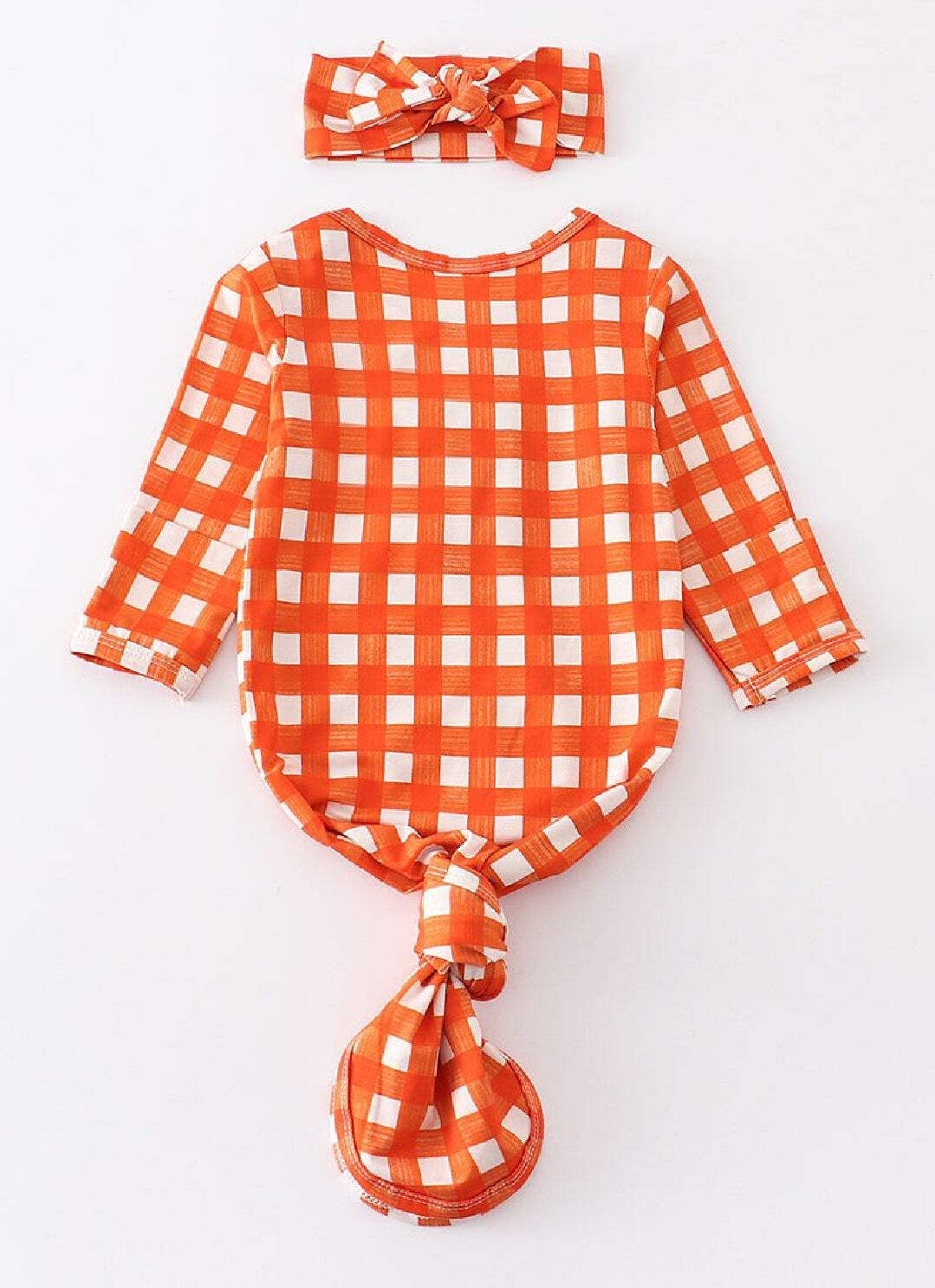 Girl’s Boutique Orange Plaid Print Baby Knot One Piece Outfit And Matching Headb