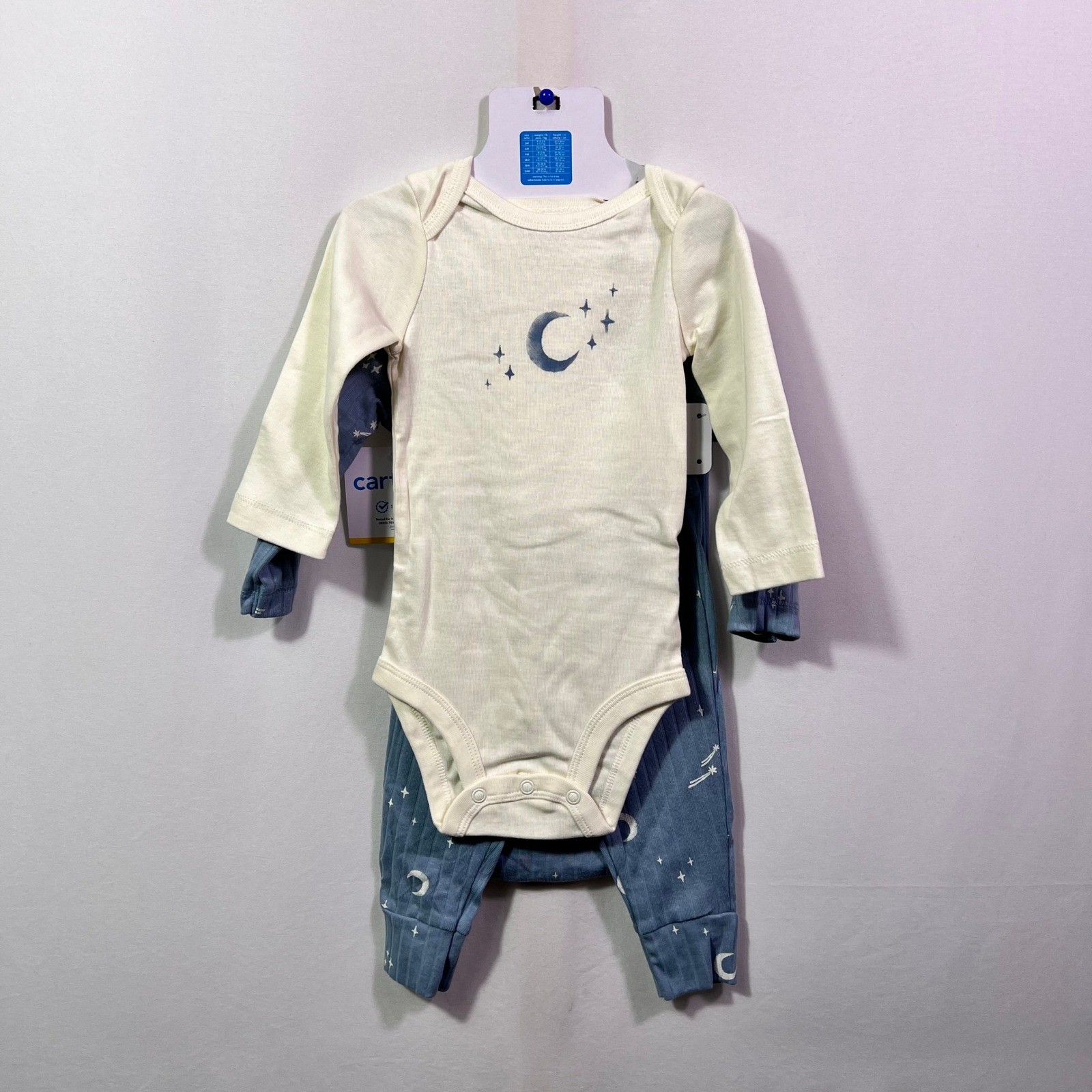 Carters Baby 6M 3-Piece Celestial Moon Stars Ribbed Bodysuit and Pants Set Blue