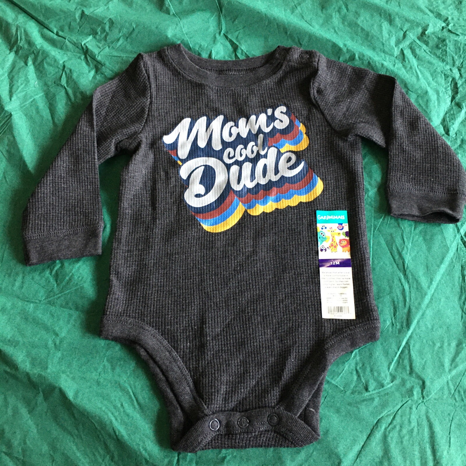NWT Garanimals One Piece Long Sleeve Gray “Mom’s Cool Dude” 12 Months