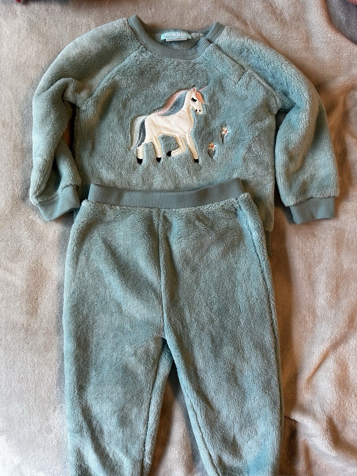 Pekkle Unisex 18M 2pc Green Fleece Embroidered Horse Sweatshirt & Pants Set