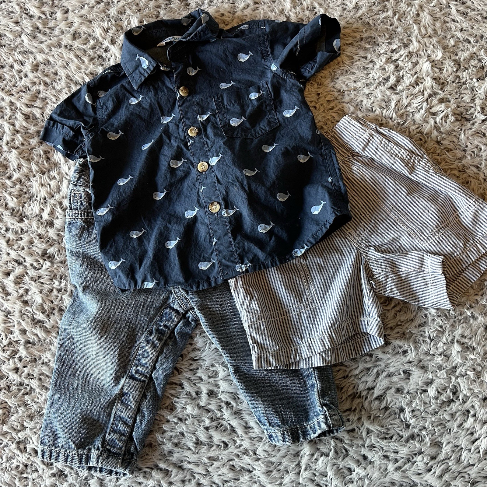 Baby Boy Navy Whale Ruggedbutt Shirt Carter’s Shorts Gap Jeans Size 6-12