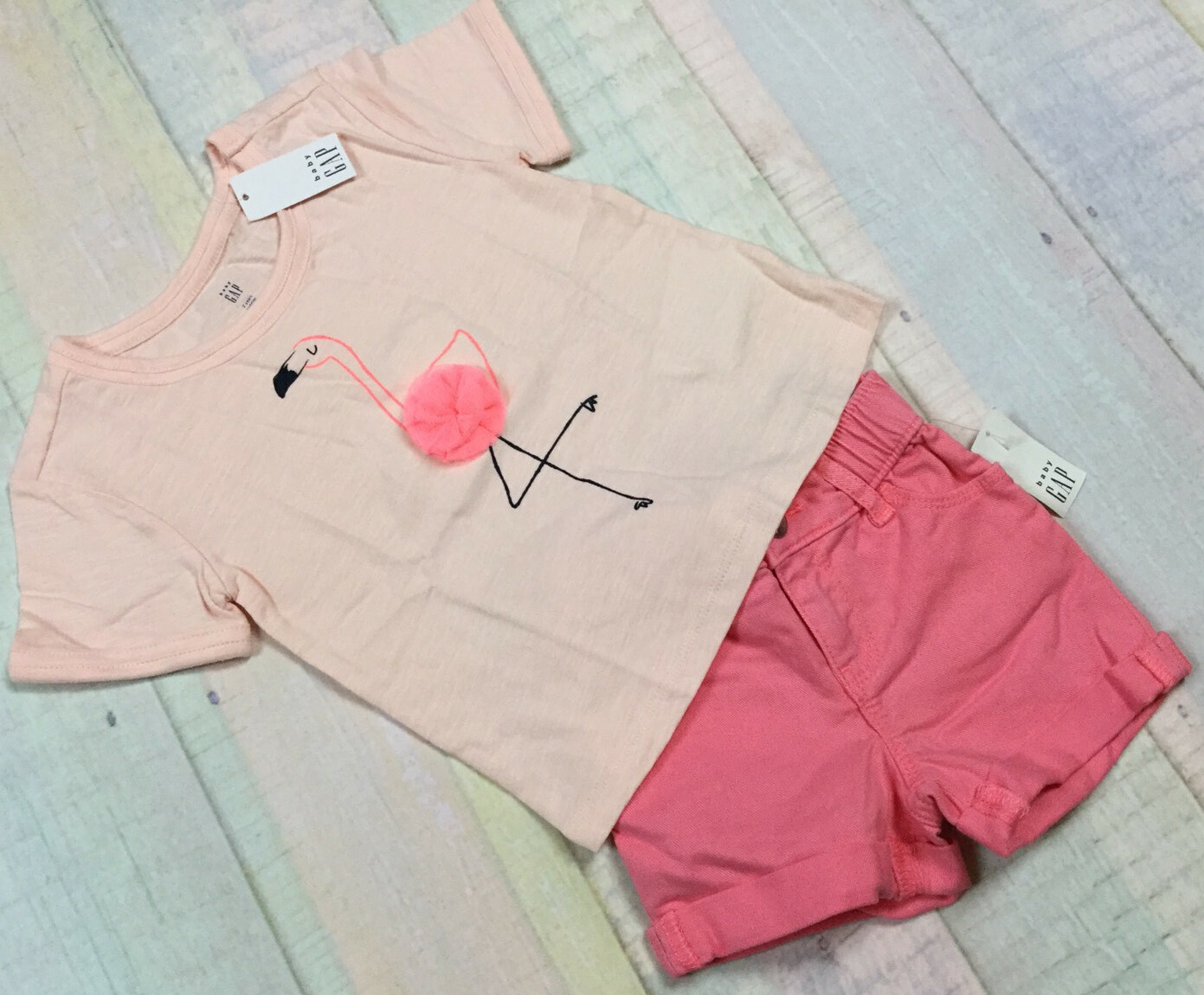 Baby Gap Girls 12-18 Months Flamingo Shirt & Pink Denim Shorts Outfit. Nwt