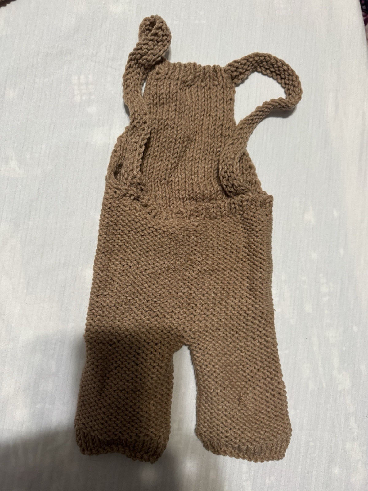 Newborn Brown Knit Bear Hat & Overall Outfit Set 3-Piece Sleeveless Tassel
