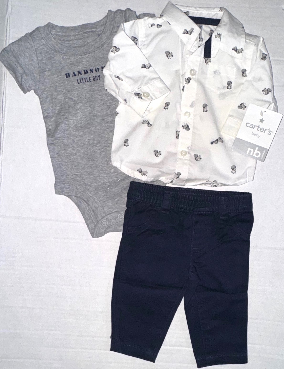 CARTERS 3 piece set white/gray/navy SQUIRREL motif size NEWBORN