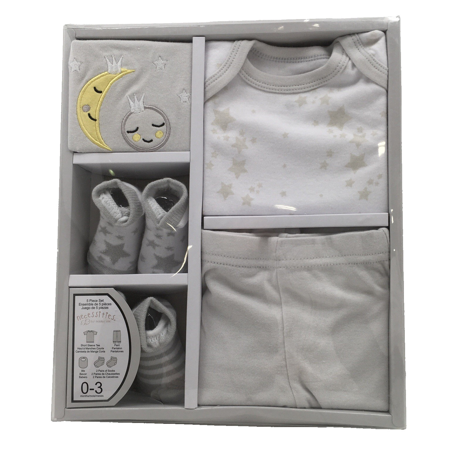 Necessities by Tendertyme 5pc set 0-3 mo Layette Gray Stars and Sleeping MoonNIB