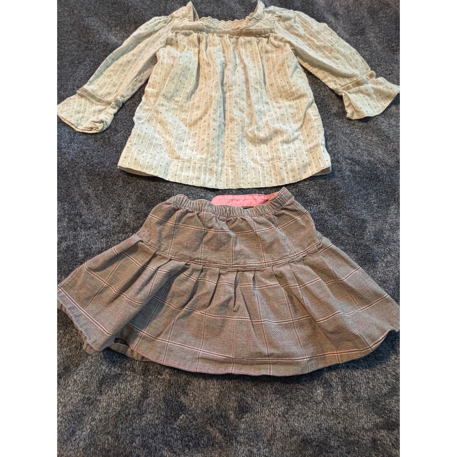 Baby Gap Toddler Girls Blouse and Plaid Skirt Set 3T Cream Brown 2 Piece Outfit