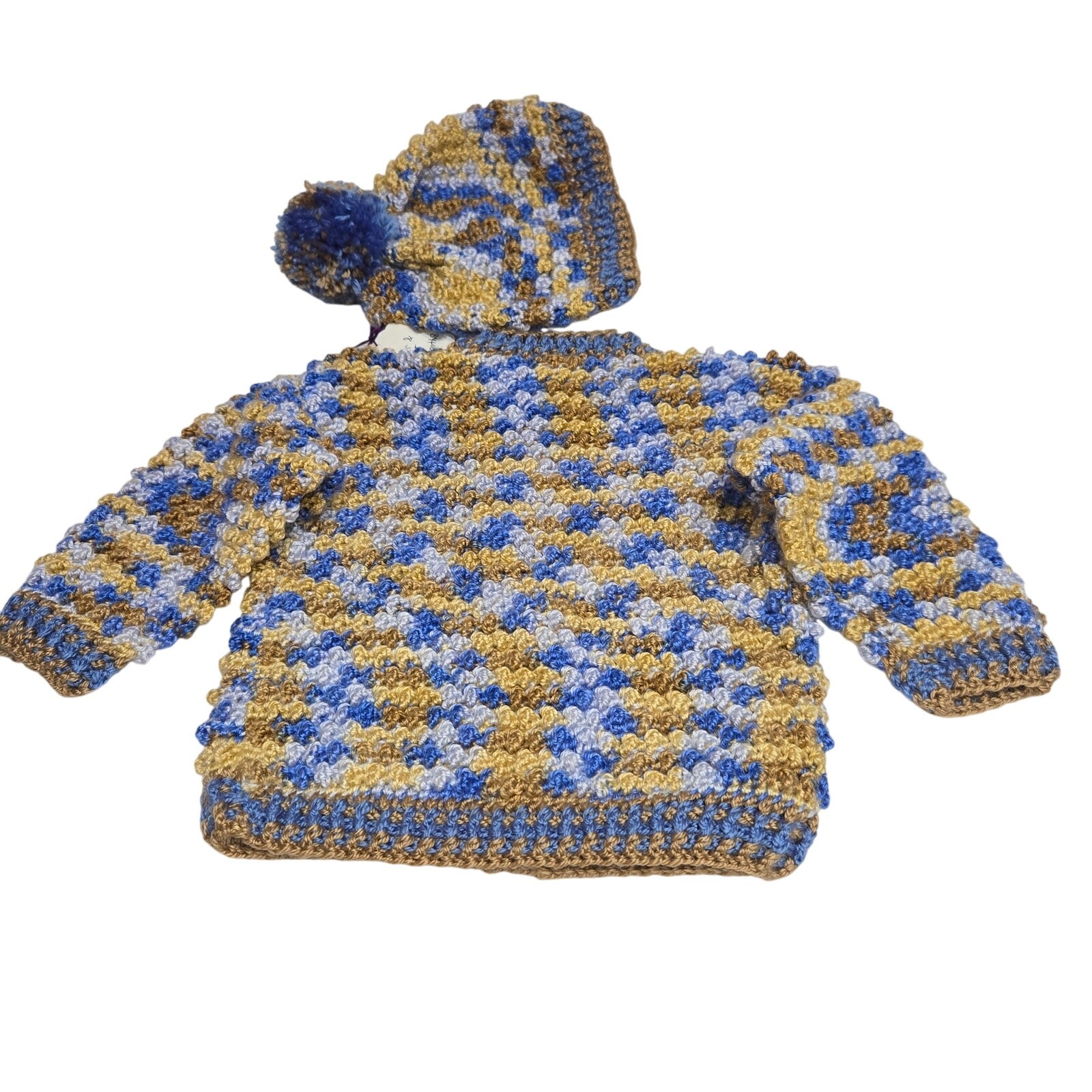 Hand Crochet Baby Sweater & Hat Set 9-12 Month Dog Buttons Poodle Hound Blue New