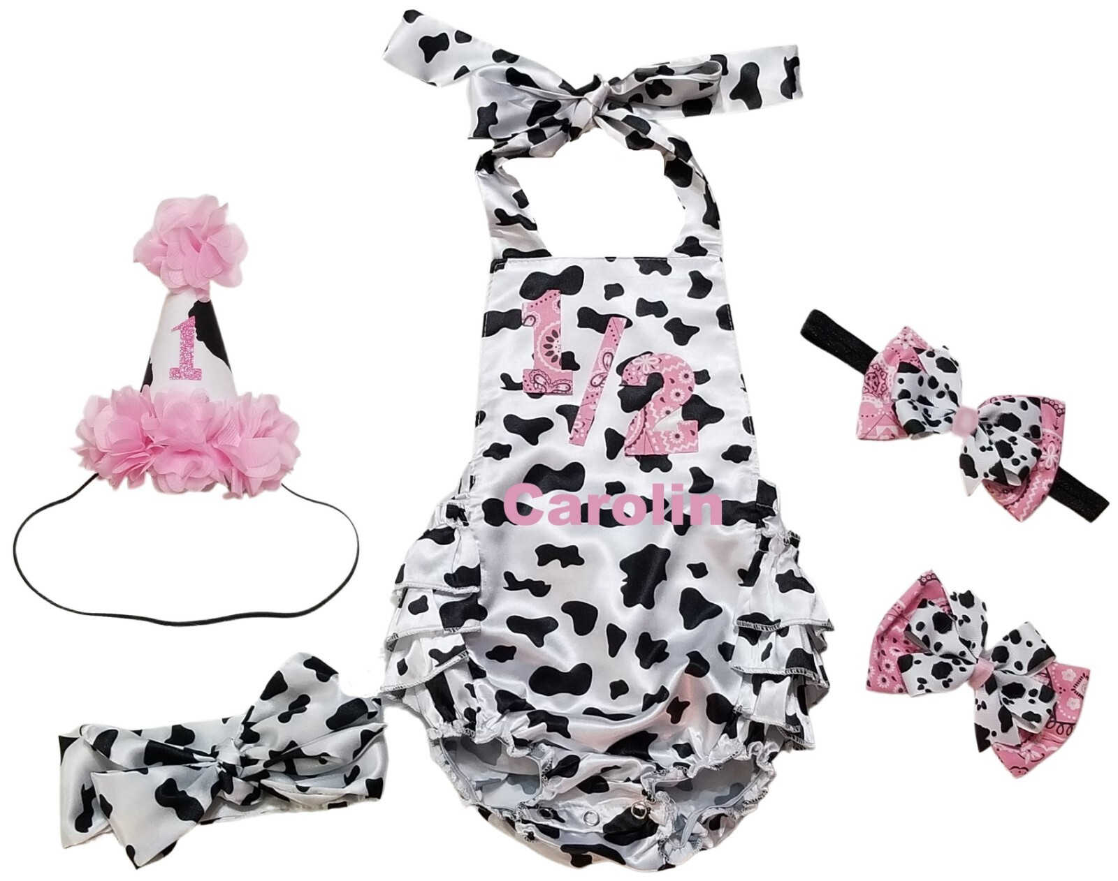 Cowgirl 2nd Birthday Romper – Cow Print & Pink Bandana – Personalized ROMPER