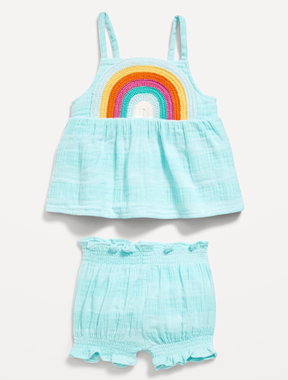 Old Navy 2 Piece Baby Top + Shorts Set Blue Rainbow Sleeveless Smock 6-12 months