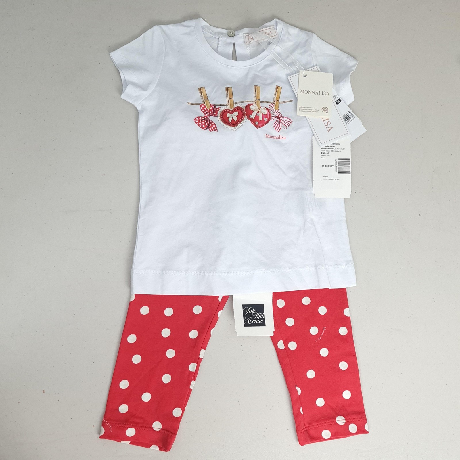 Monnalisa Top Leggings Set Girls 3T White Red Heart Polka Dot Jersey Outfit