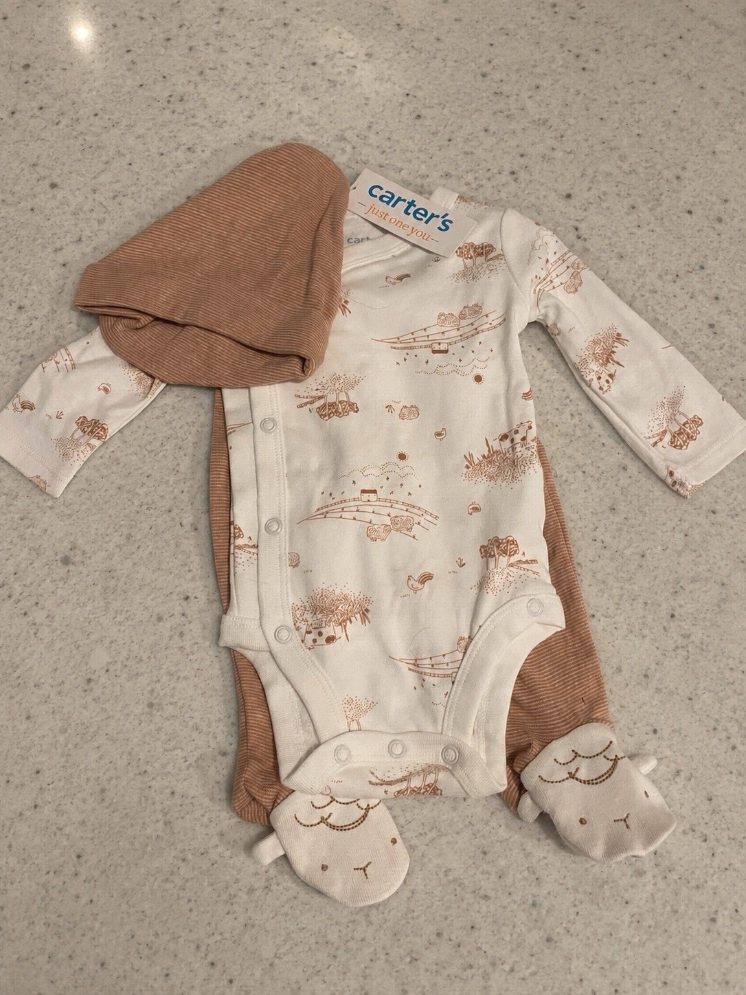 Carter’s 3 Months 3pc Outfit Set Bodysuit Pants Hat Long Sleeve Cotton Brown