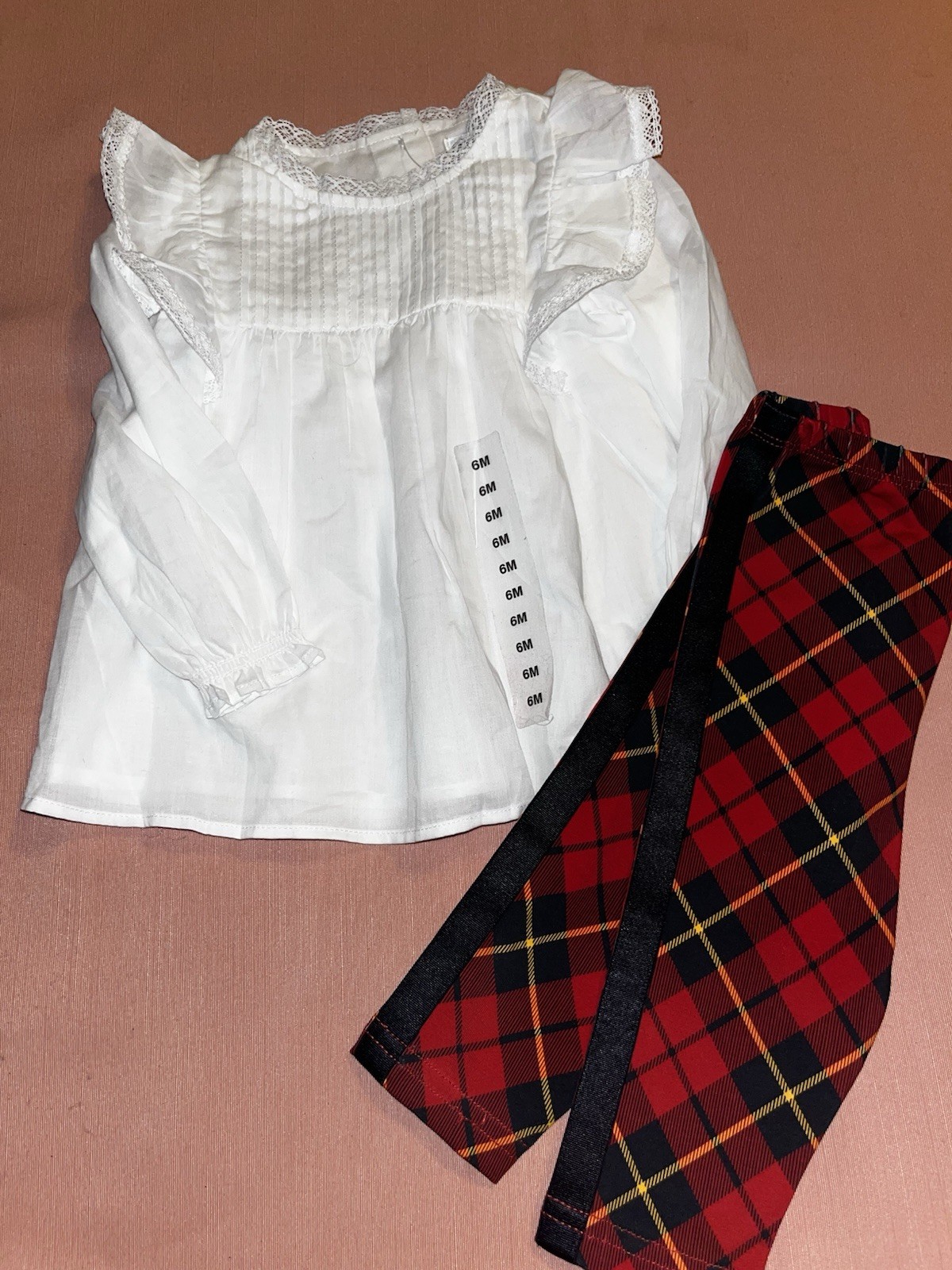 Ralph Lauren Girls 6M 2pc Pants Set White Lace Ruffle Blouse Red Plaid