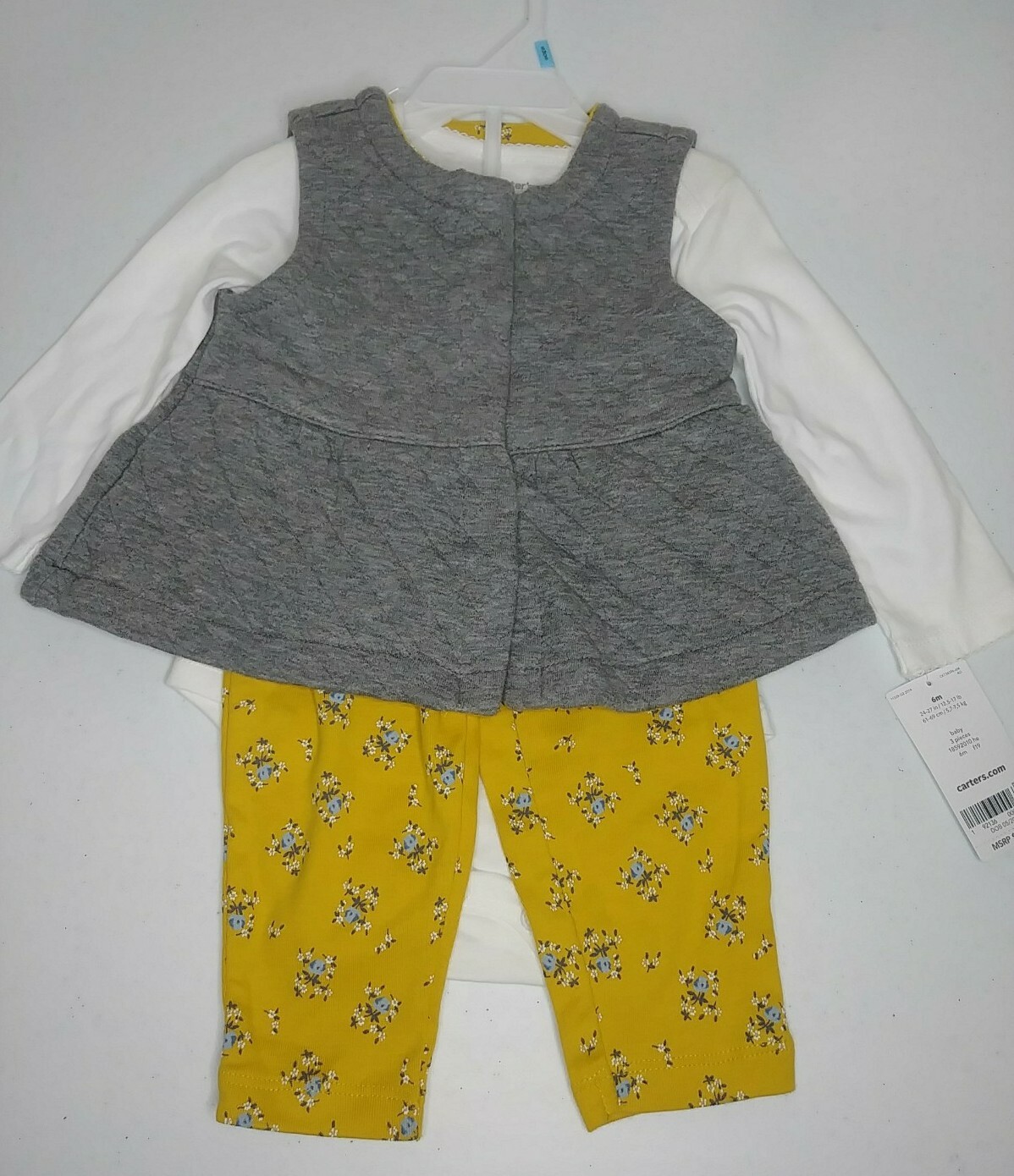 Carter’s 3-Piece Gray Quilted Vest Bodysuit & Pants Set Baby Girl 6m NWT (D)
