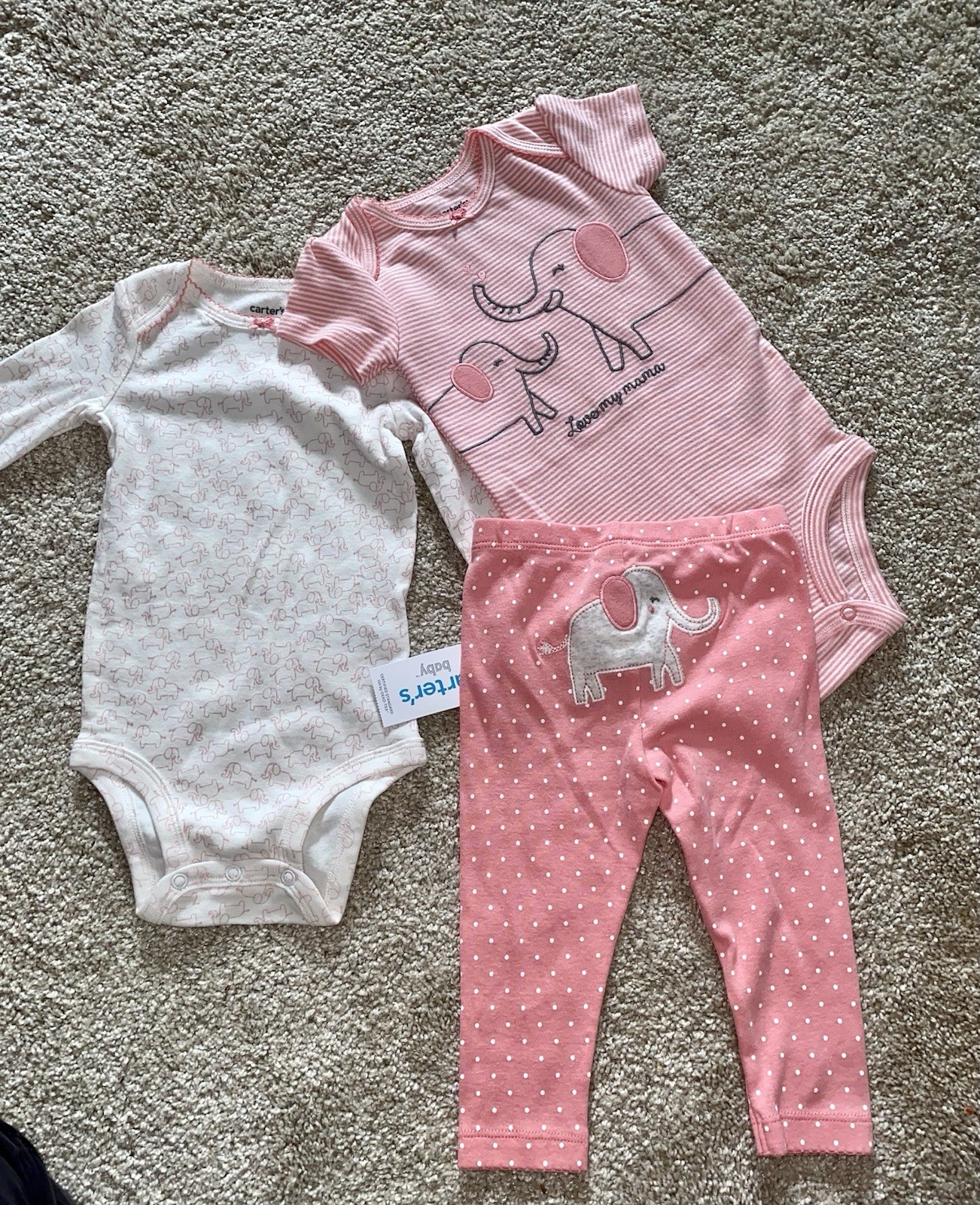 Carters Baby Girl 3-Piece Set Size 9M NWT I Love Mama Mom Mommy Elephant Pink