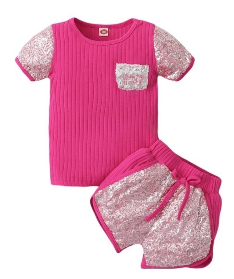 Toddler Baby Girls Short Sleeve Paillette Tops+Shorts Sports Outfits Pink – 4T