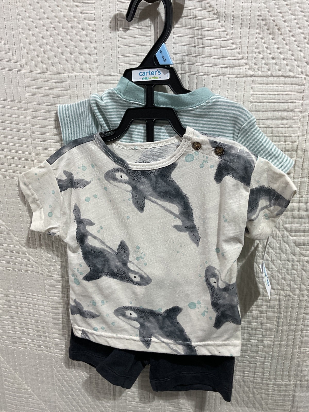 Child of mine by carter’s baby boy 3 piece knit whale/stripe short outfit ast sz