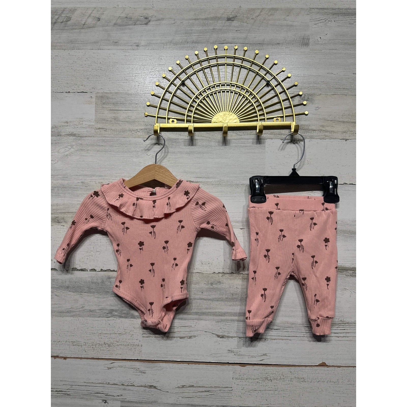 Floral Ruffle Bodysuit & Leggings Girls 1-3M Pink Ribbed Knit 2pc Set