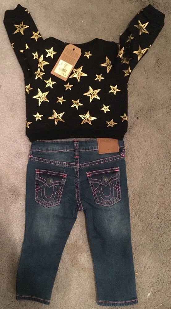 5 PIECE-NEW TRUE RELIGION Baby Girl STAR SWEATSHIRT & JEANS 6M or 12M + PJs NWT