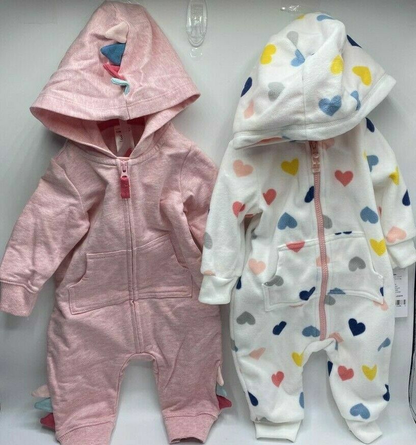 Girls 3-6M Carter’s 2-Pack 1-Piece Outfits Jumpers Hearts Dinosaur Pink White