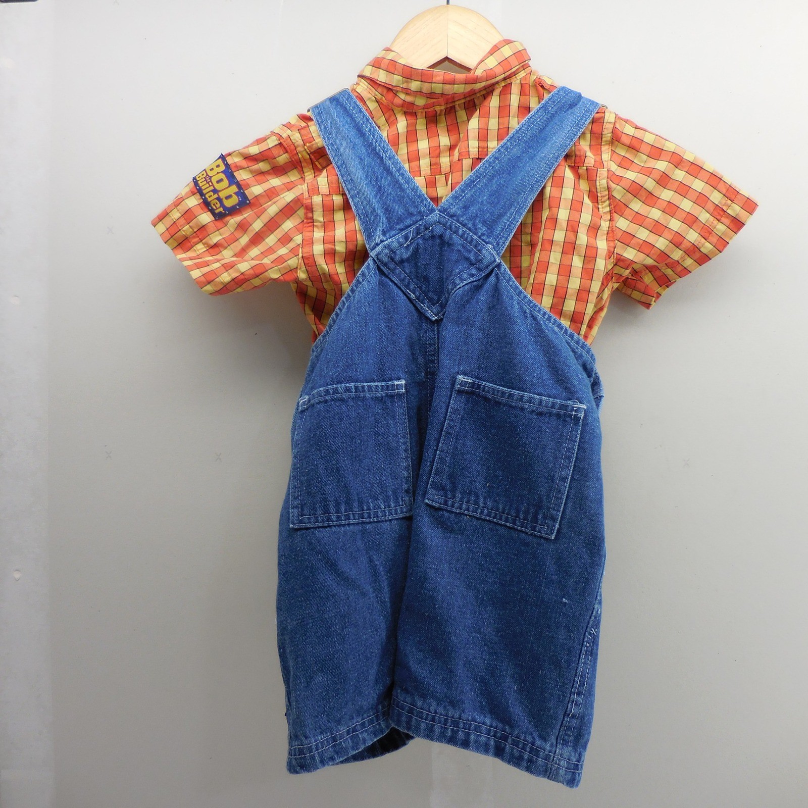 VTG Bob the Builder Boys 3T Denim Overalls & Plaid Shirt 2 Piece Set Blue Orange