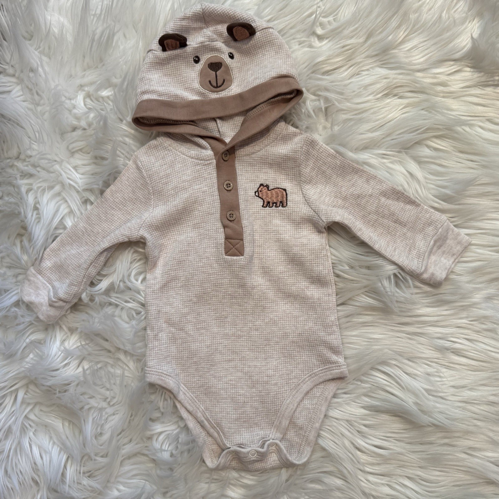 Little Me 2pc Set Baby Boy 6M Beige Brown Bear Hooded Bodysuit Pants Play EUC