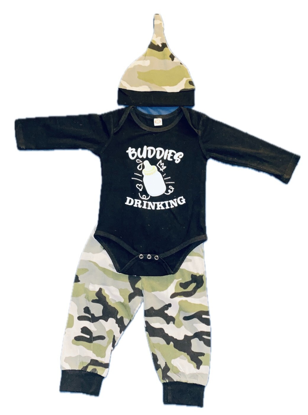 Brand New buddies drinking camo boy Letter Print Romper Long Pants Hat
