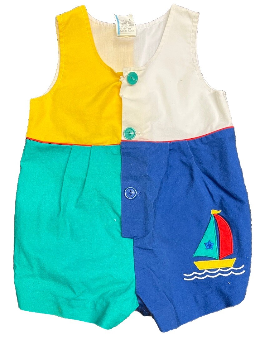Vintage Colorblock Baby Outfit One Piece Sailboat 6-9 Months