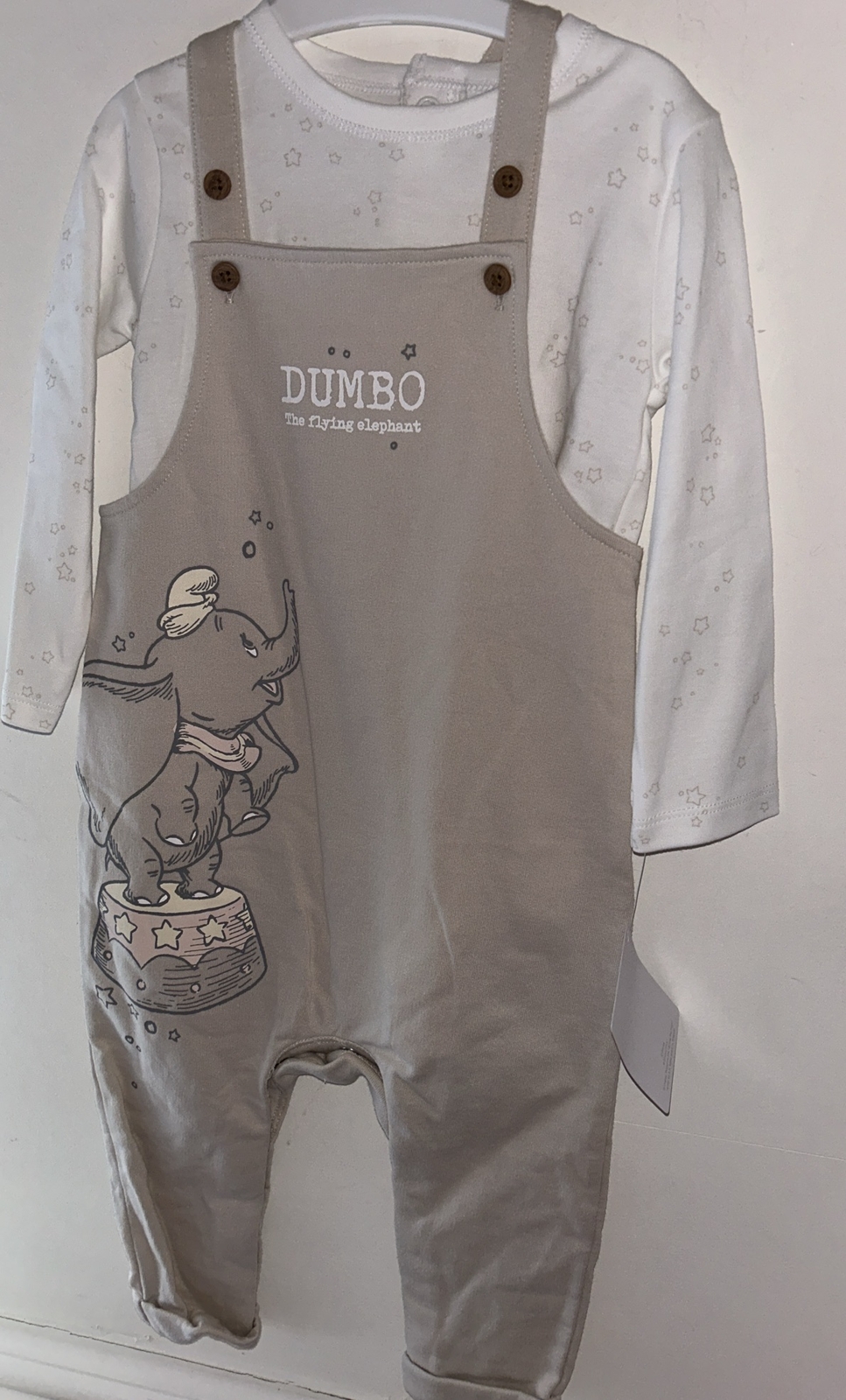 Disney Dumbo 9 – 12 Months 2 Pc Outfit~ Beige Dungarees, Cream Bodysuit