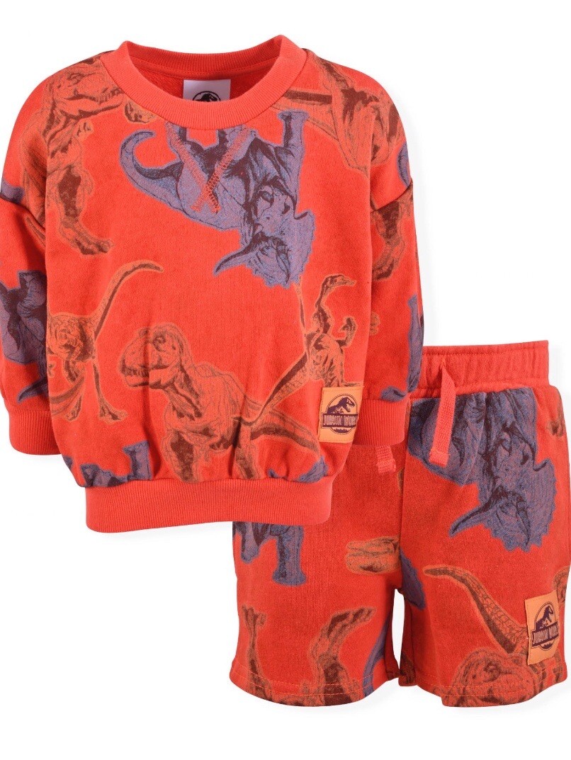 Boy’s Jurassic World French Terry Sweatshirt & Shorts Outfit, 18M,2T