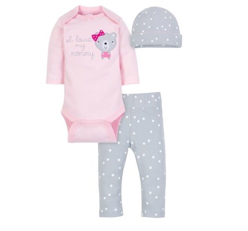 Wonder Nation Baby Girl 3-Piece Pink/Gray Bear Oneisies, Hat & Pants Set Size NB
