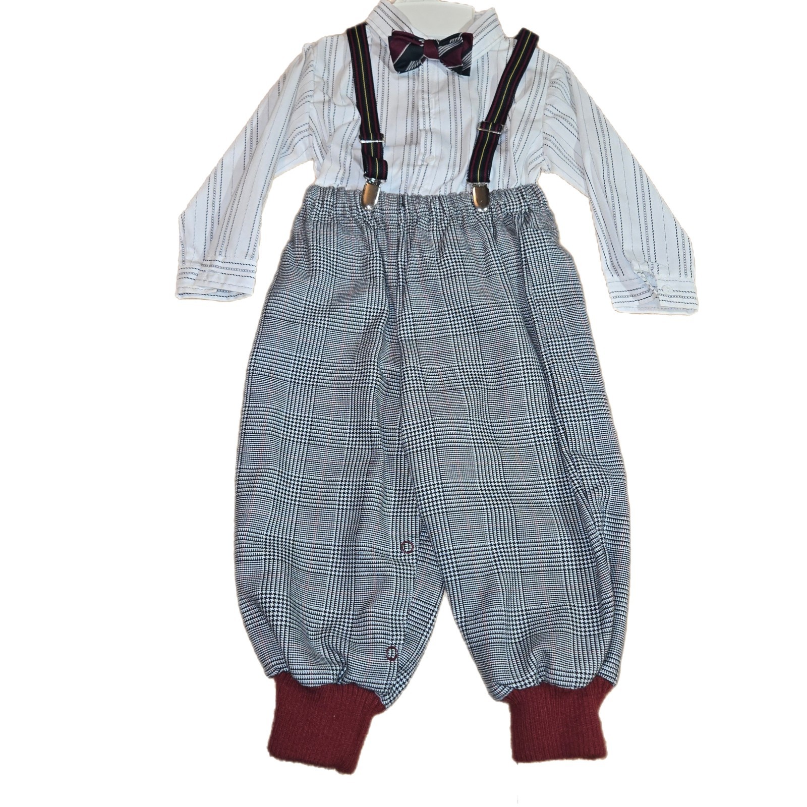 VTG boys Gentleman Outfit Romper Pants Suspenders Bow Tie Dress Shirt 24 Months