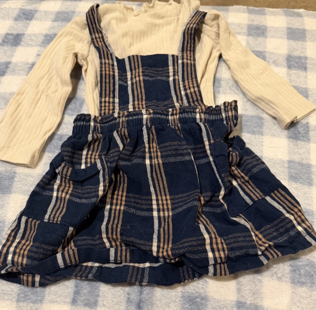 Wonder Nation Girls 12M Cream Top & Blue Plaid Pinafore Dress 2pc Set
