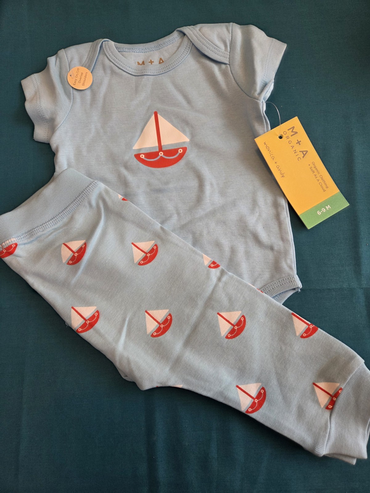 M+A Organic 2-piece Sail Boat 6-9months Set. Blue. NWT. #693