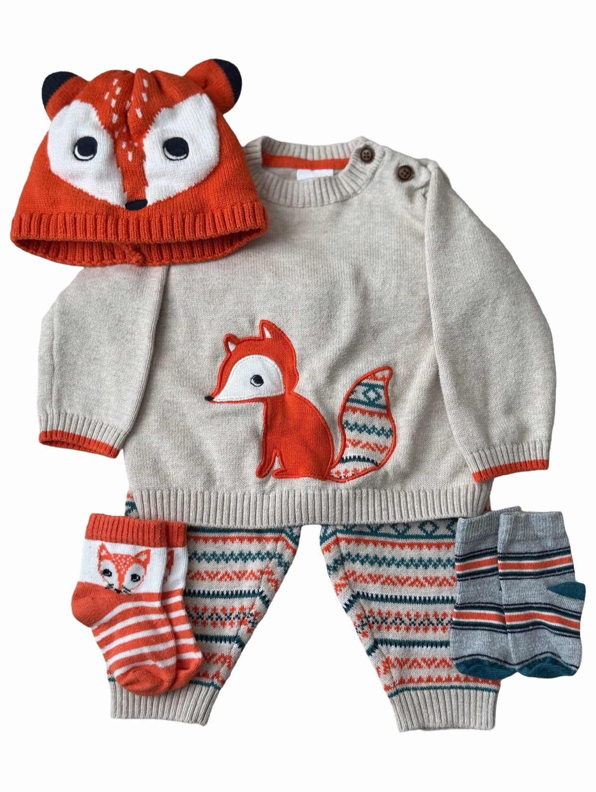 Gymboree Baby Fox Knit Outfit Set Sweater Pants Hat Socks 3-6 Months