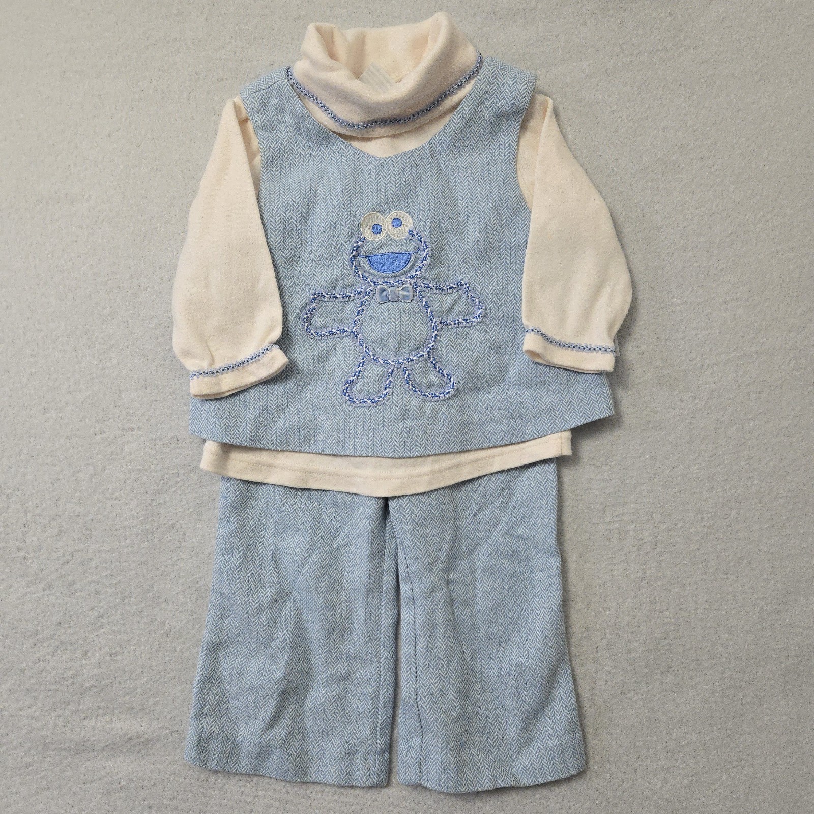 Vintage Sesame Street Baby Cookie Monster Blue 3 Piece Outfit Set 18M Month