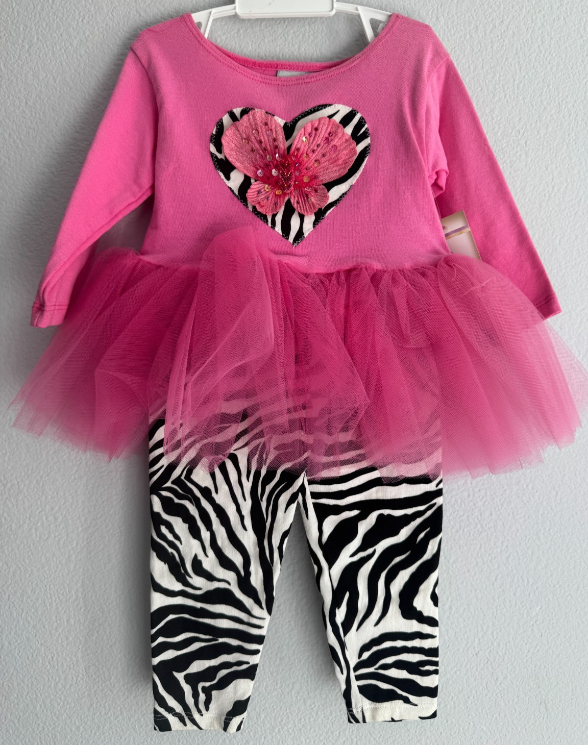 New $65 Haute Baby Girls 2-Pc Zebra Hot Pink Black Ruffle Tunic & Pants Set 18M