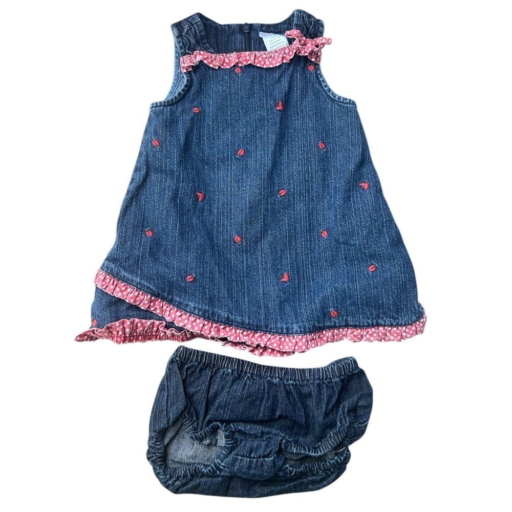 Vtg Y2K 2005 GYMBOREE Ladybug Baby Set Dress And Bloomers Denim Size 6-12M