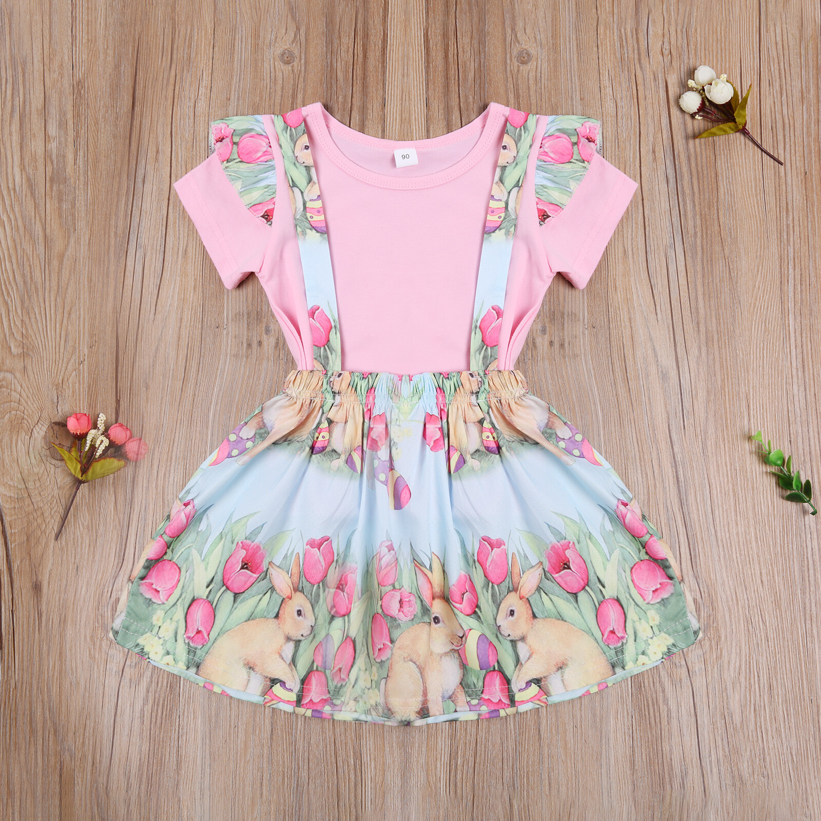 NEW Easter Bunny Rabbit Girls Pink Shirt Suspender Skirt Outfit Set