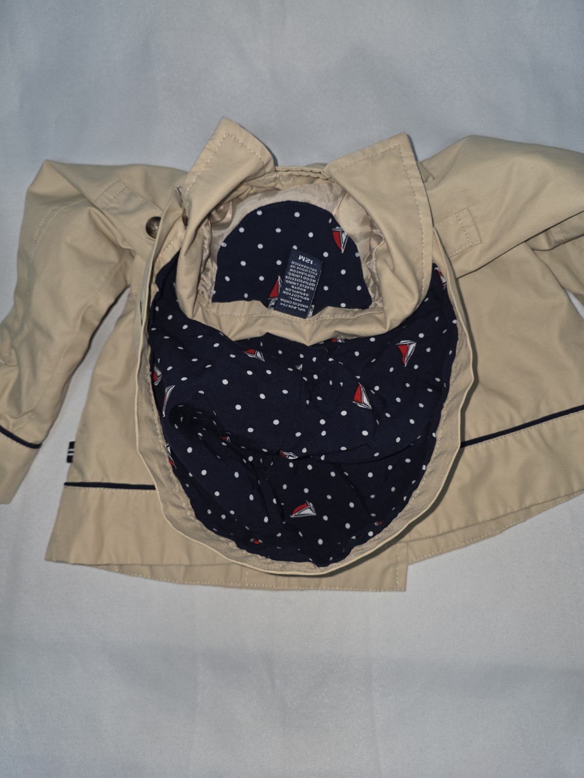 Nautica Kids Khaki w/ Navy Trim Raincoat With Hood Nautical Lined 12 Month Girls