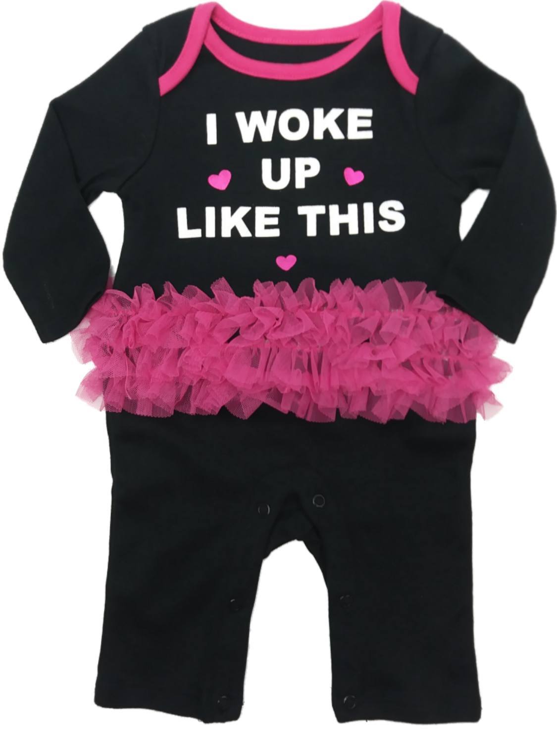 Infant Baby Girls I Woke Up Like This Black & PInk Ruffle Coverall Outfit