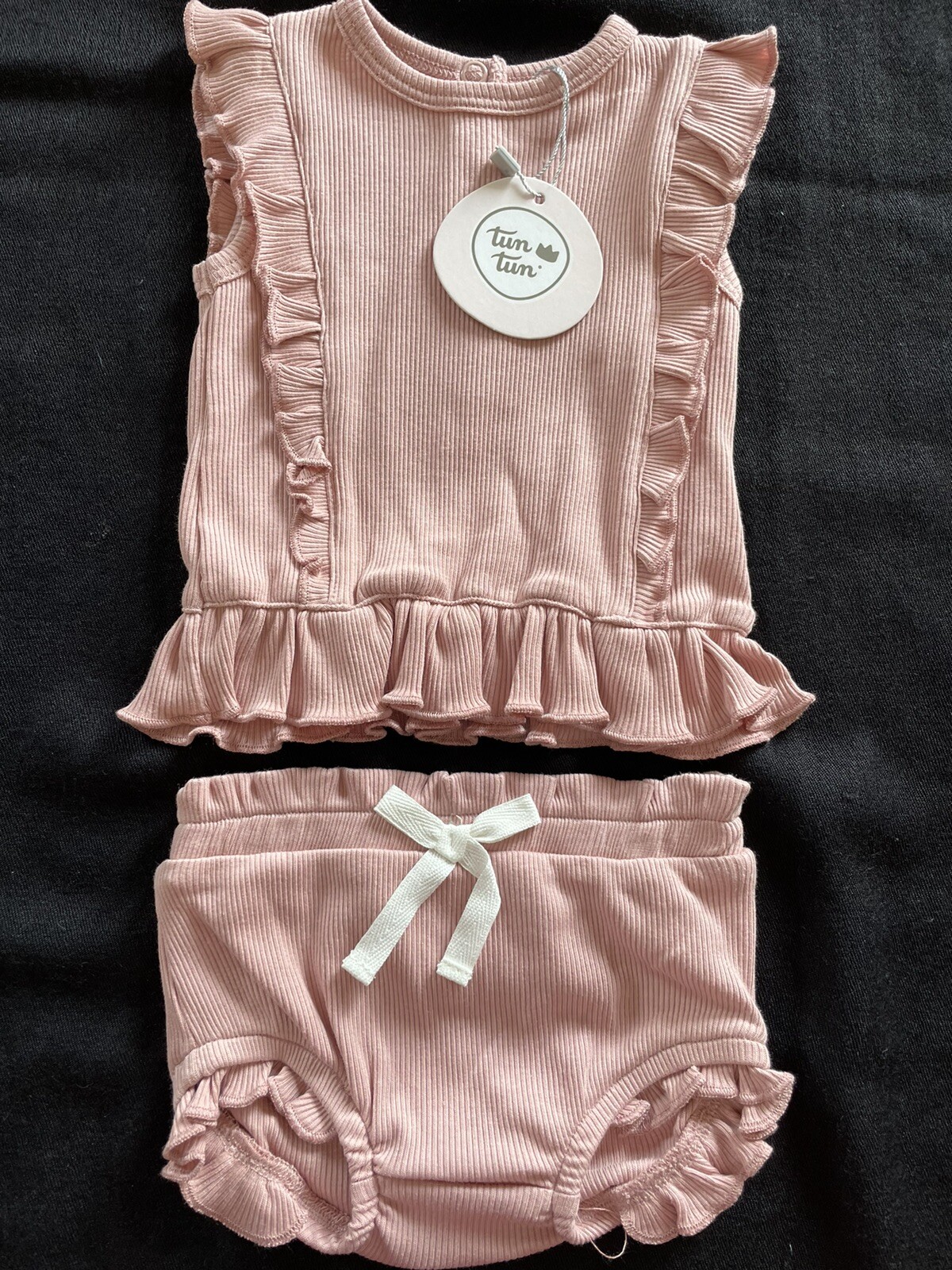 Tun Tun (Peru) NWT Blush Pima Cotton Ribbed Knit Ruffled Top & Bloomers-3-6Mos