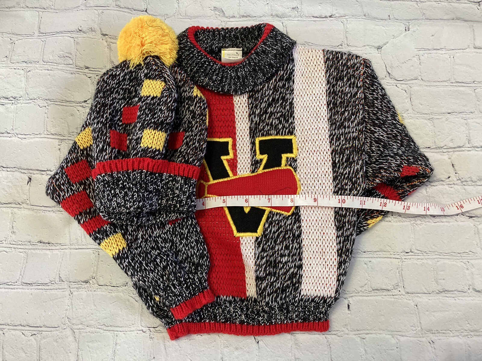 Vtg NOS Knit Sweater Pants Hat Outfit Set 2T Varsity Red Black White Stripe NEW
