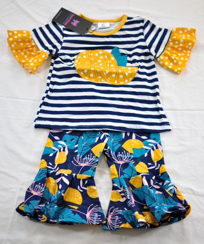 girl’s Bowtism ruffle pants & top size X Small (2) lemon & navy blue soft new